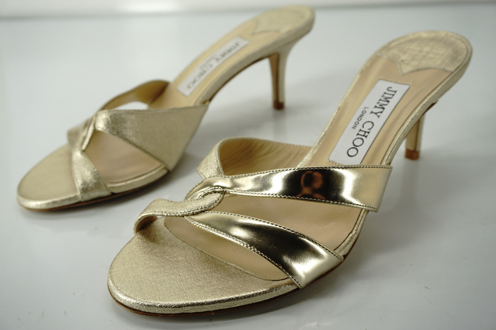 Jimmy Choo Tation Metallic Gold Leather Mid Heel Slide Sandals SZ 36.5 New $675