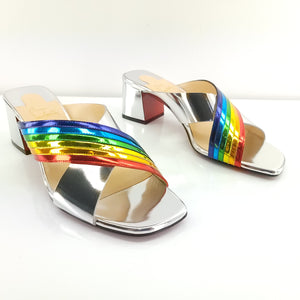 Christian Louboutin Arkenmule 55 Silver Rainbow Slide Sandal SZ 38.5 NIB