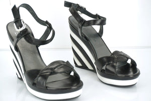 Stuart Weitzman Attitude Black White Striped Wedge Ankle Sandals Size 8 New $425