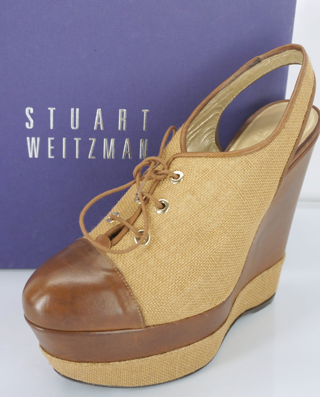 Stuart Weitzman Brown Leather Itsatie Platform Wedge Slingback Pumps SZ 8.5 NIB