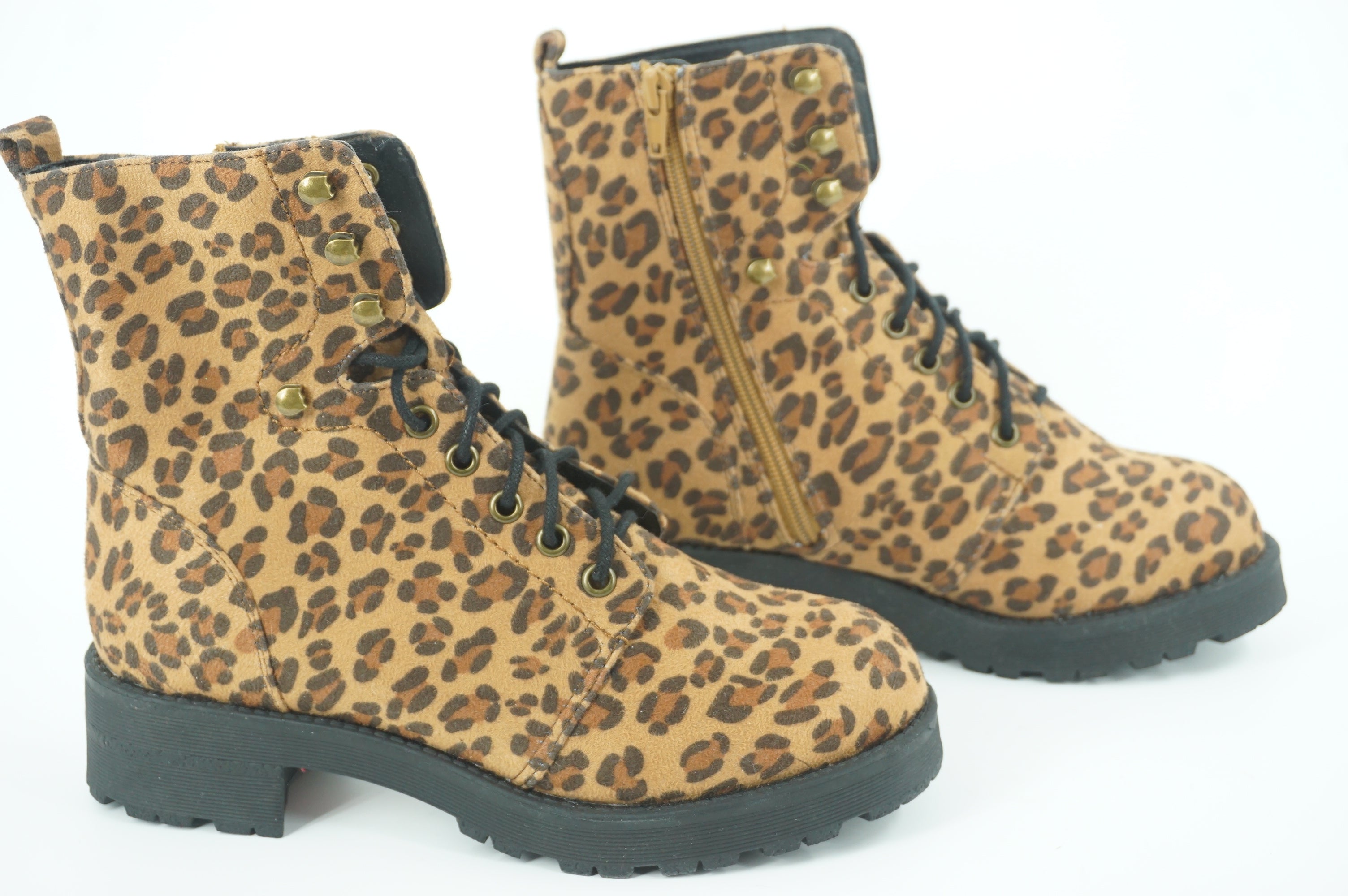 Mia Miki Combat Leopard Print Lug Ankle Boots Size 6.5 Zip Lace Up Brown