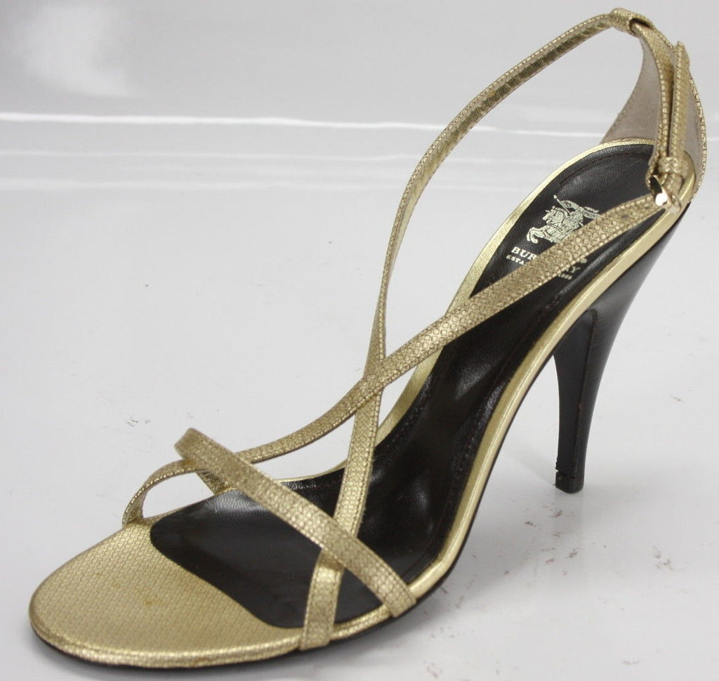 Burberry Metallic Gold Logo check Leather Strappy Sandals SZ 39.5 9 US New $550