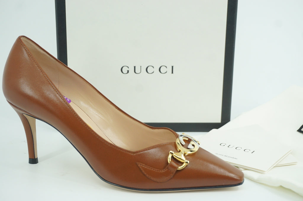 Gucci Zumi Logo Horsebit Brown Leather pointed Toe Pump Size 36.5 NIB