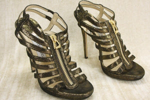 Jimmy Choo Glenys Bronze Metallic Suede Strappy Sandals Size 39 Zip $1050 heels