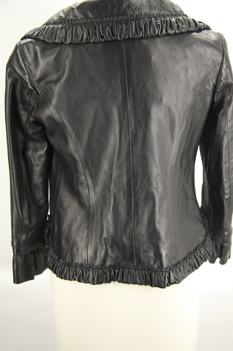 Valentino Runway Ruffled black Leather Biker Jacket size small $1990 tie front