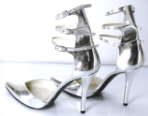 Stuart Weitzman Privacy Silver Pointy Toe Multi Ankle Strap Pumps Size 6.5 Wide