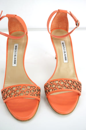 Manolo Blahnik Coral Leather Maurila Ankle Chaos Cuff Sandals size 36.5 NIB $815