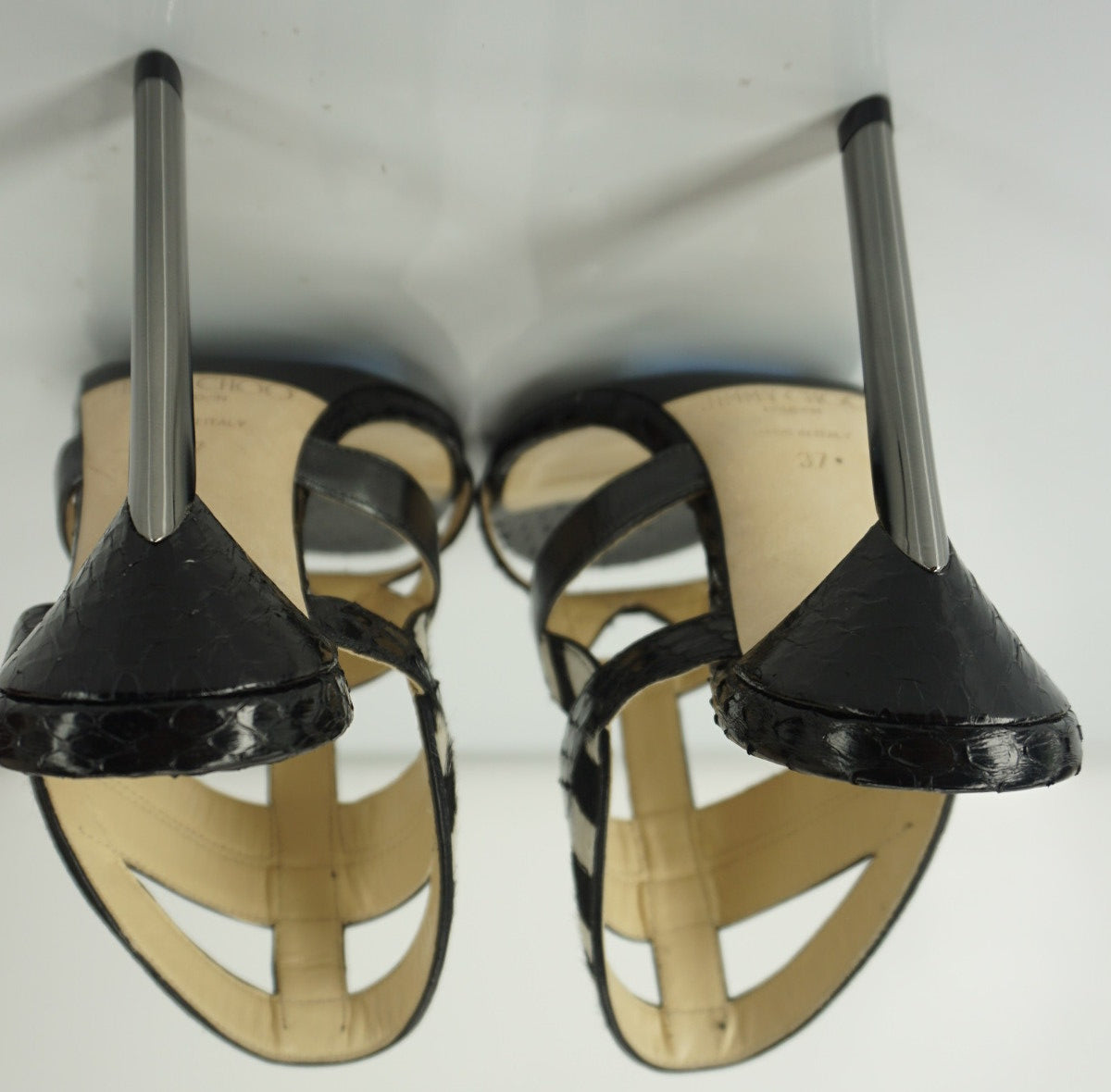 Jimmy Choo Black Multi Leather Vanisa Strappy Slide Sandals Size 37 Heel Mule