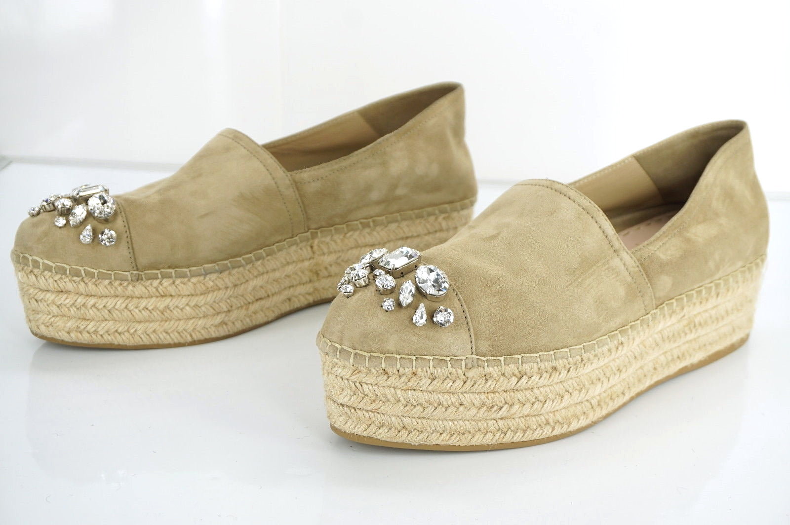 Miu Miu Beige Suede Crystal Jewel Toe Platform Espadrilles SZ 42 12 Slip on $790