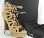 SAINT LAURENT Tribute Lace-Up Platform Sandals SZ 40 10 Taupe Suede YSL $995 NIB