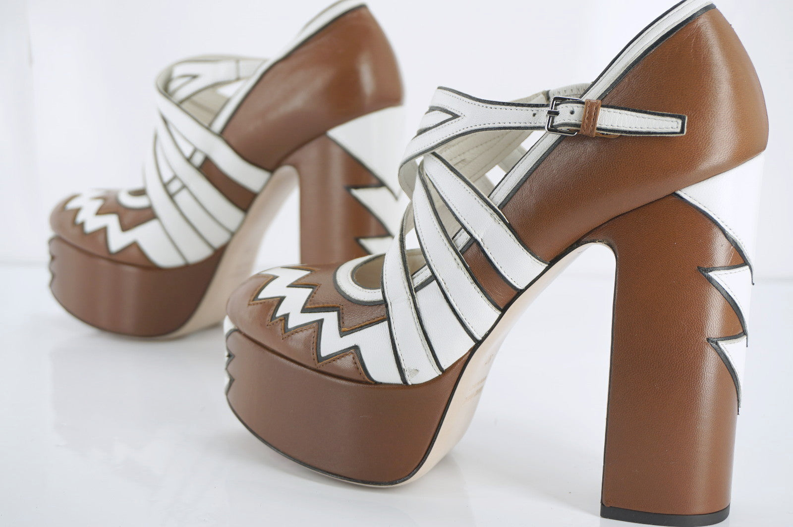 NIB Miu Miu Brown White Embellished Toe Platform Strappy Pumps SZ 37 $1390 prada