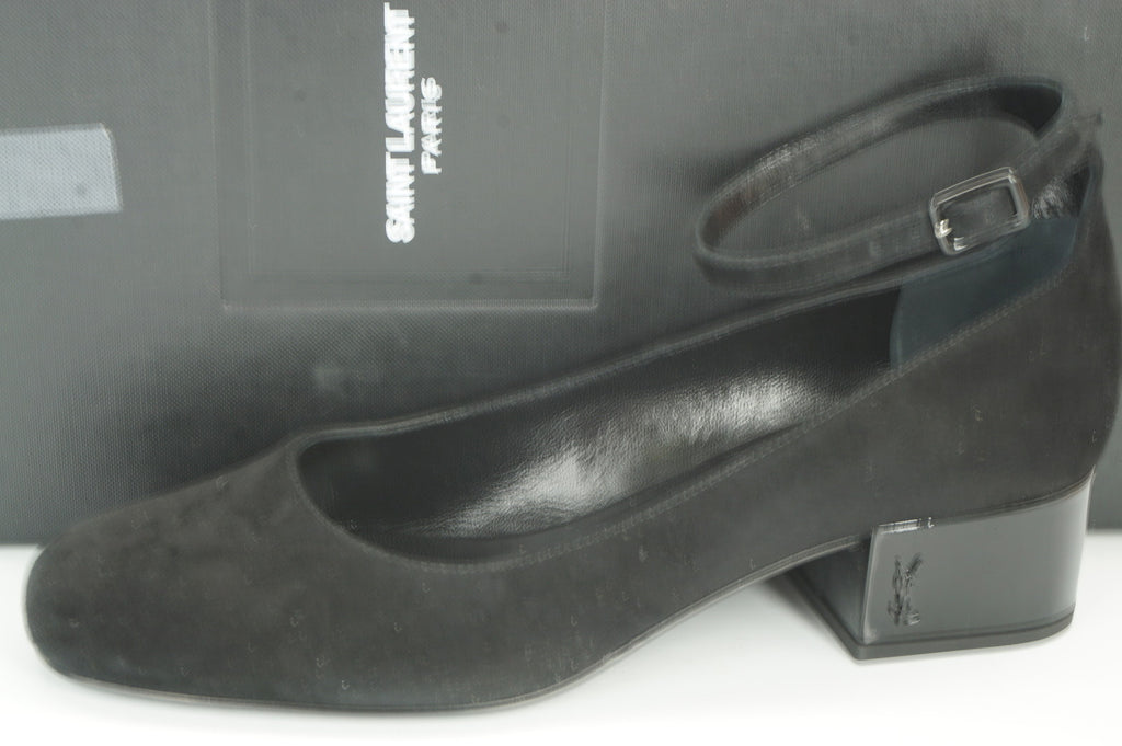 NIB Saint Laurent Babies Ankle Strap Pumps SZ 36 Black Suede YSL