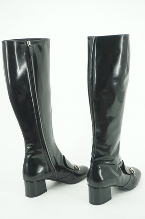 Gucci Lillian Black Patent Leather Knee High Bit boots SZ 35 Block heels $1595
