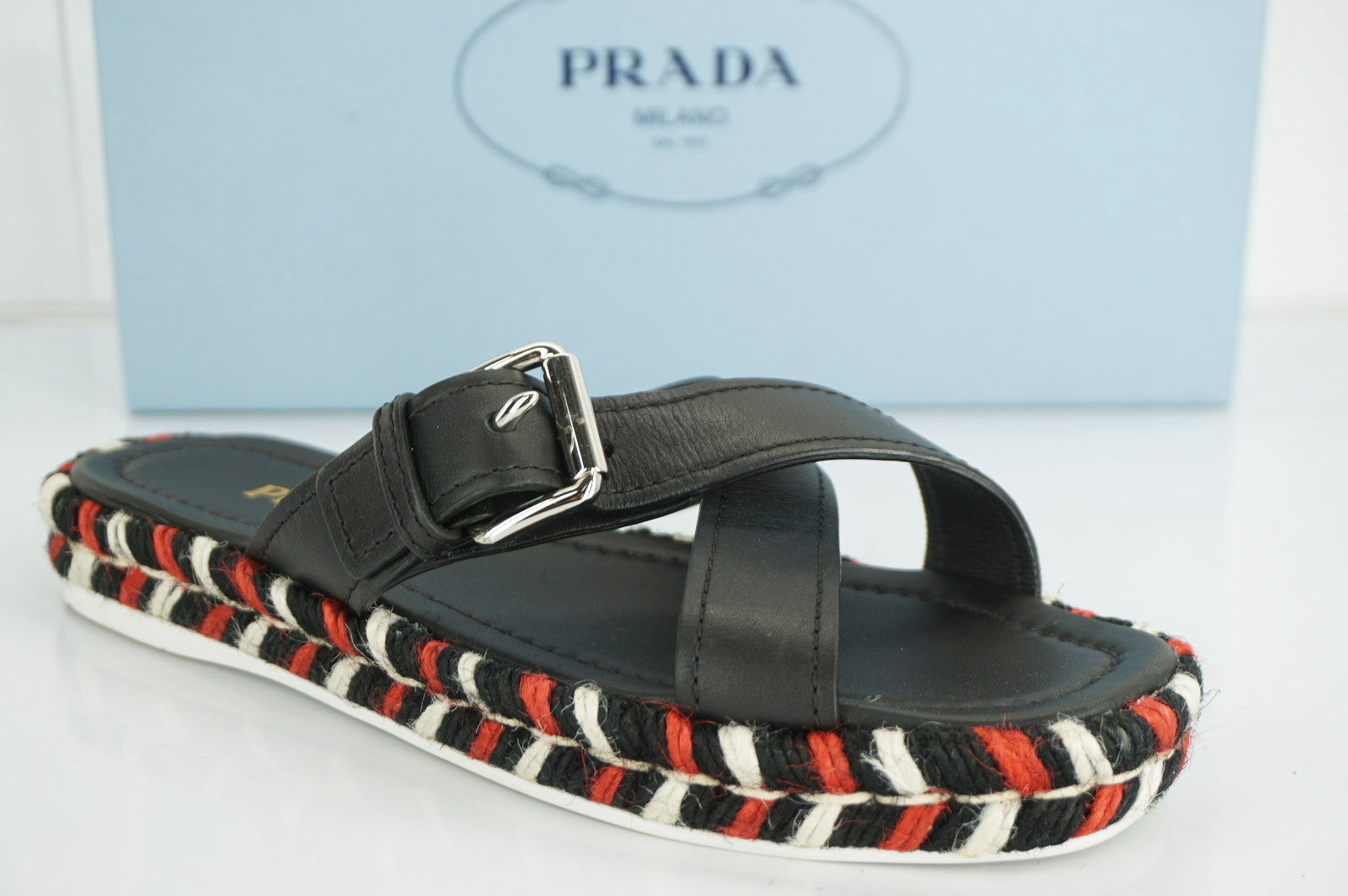 Prada Black Leather Crisscross Tweed Platform Espadrille Sandal SZ 37.5 New $620