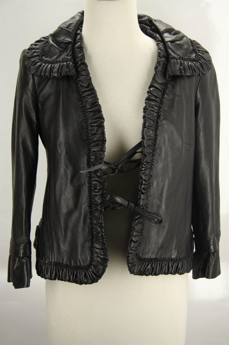 Valentino Runway Ruffled black Leather Biker Jacket size small $1990 tie front