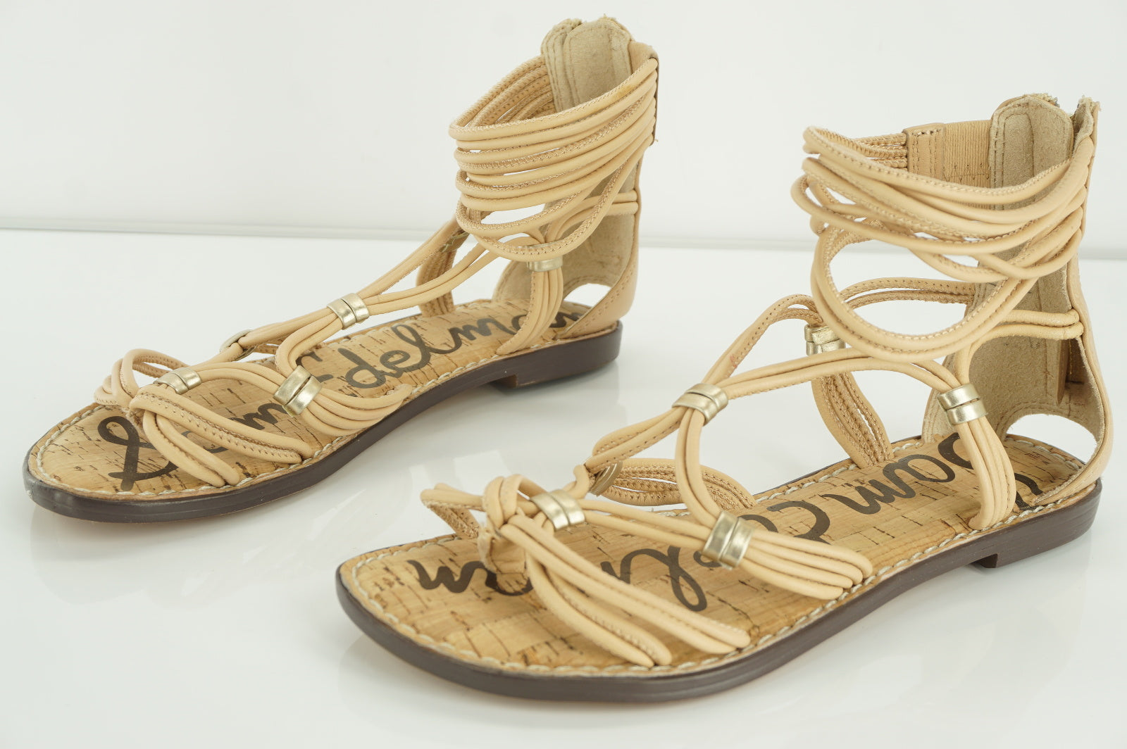 Sam Edelman Gianni Beige Leather Ankle Strappy Flat Caged Sandal SZ 5.5 New $110