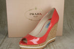 Prada Pink Patent Platform Wedge Heel Espadrille Peep Pumps Size 39.5 NIB $790