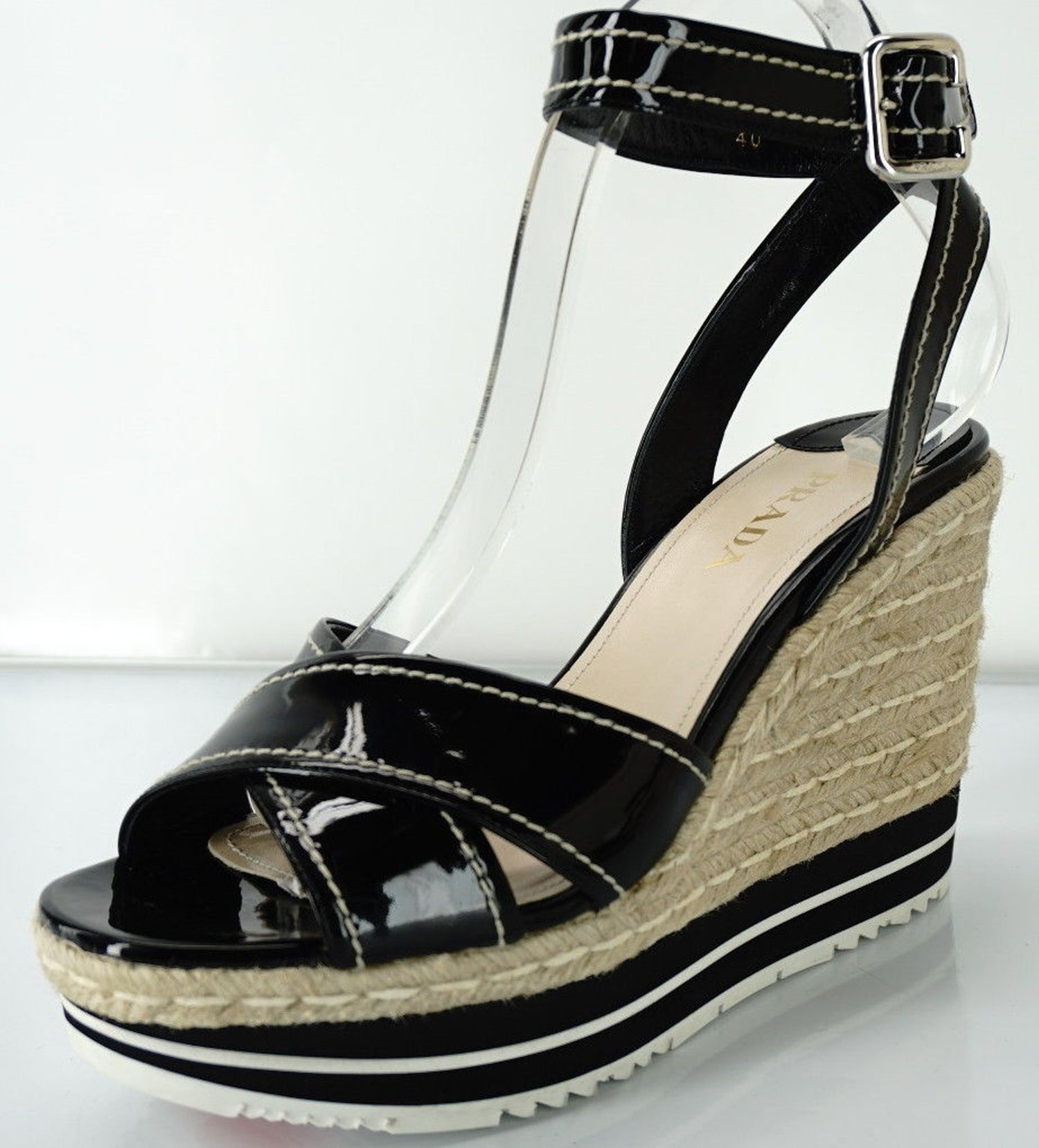 Prada Patent Ankle Strap Platform Espadrille Wedge Sandals SZ 40 10 NIB $850