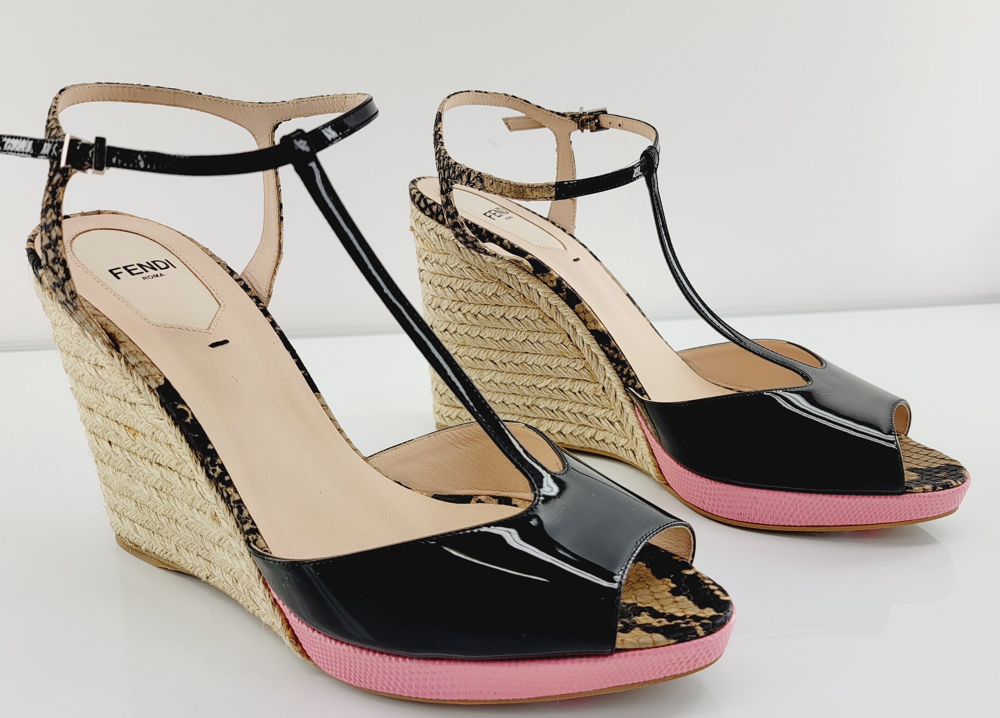 Fendi Black Patent T Strap Pink Platform Espadrille Sandal SZ 42 12 US New $700