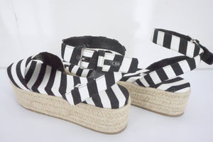 Miu Miu Black White Striped Canvas Platform Espadrille Sandals SZ 41 11 NIB $650