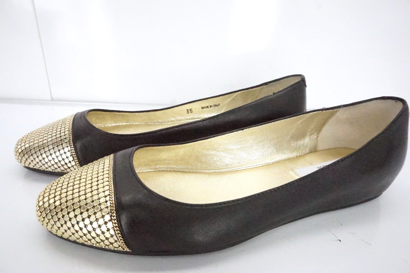 Jimmy Choo Waine Black Leather Gold Studded Cap Toe Ballet Flats SZ 35 NIB $565