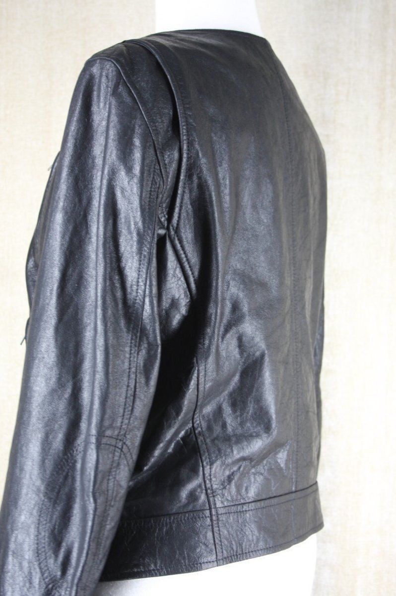 Theory Black Leather Fida Crop Front Zip Biker Jacket Size Large $815 Womens Sz