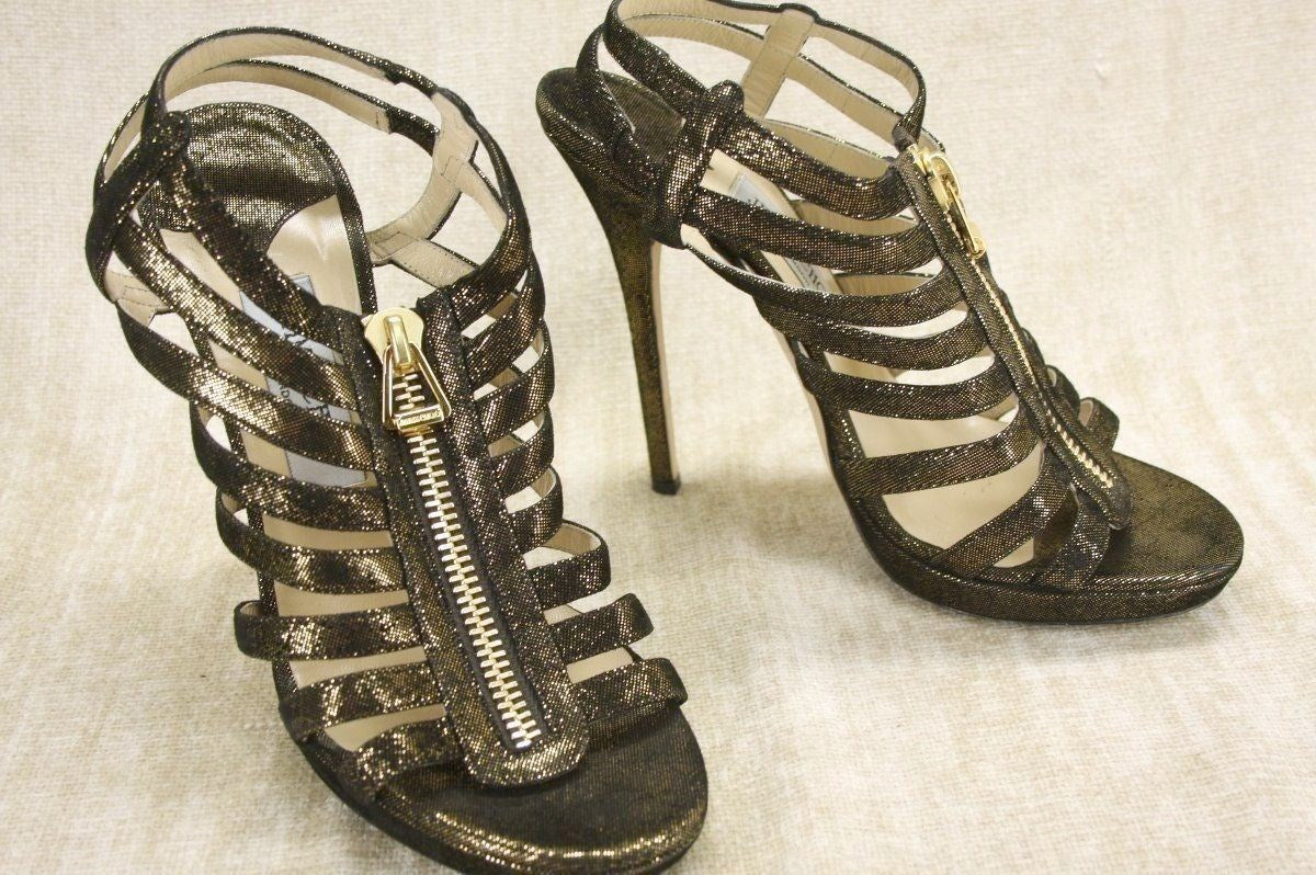 Jimmy Choo Glenys Bronze Metallic Suede Strappy Sandals Size 39 Zip $1050 heels