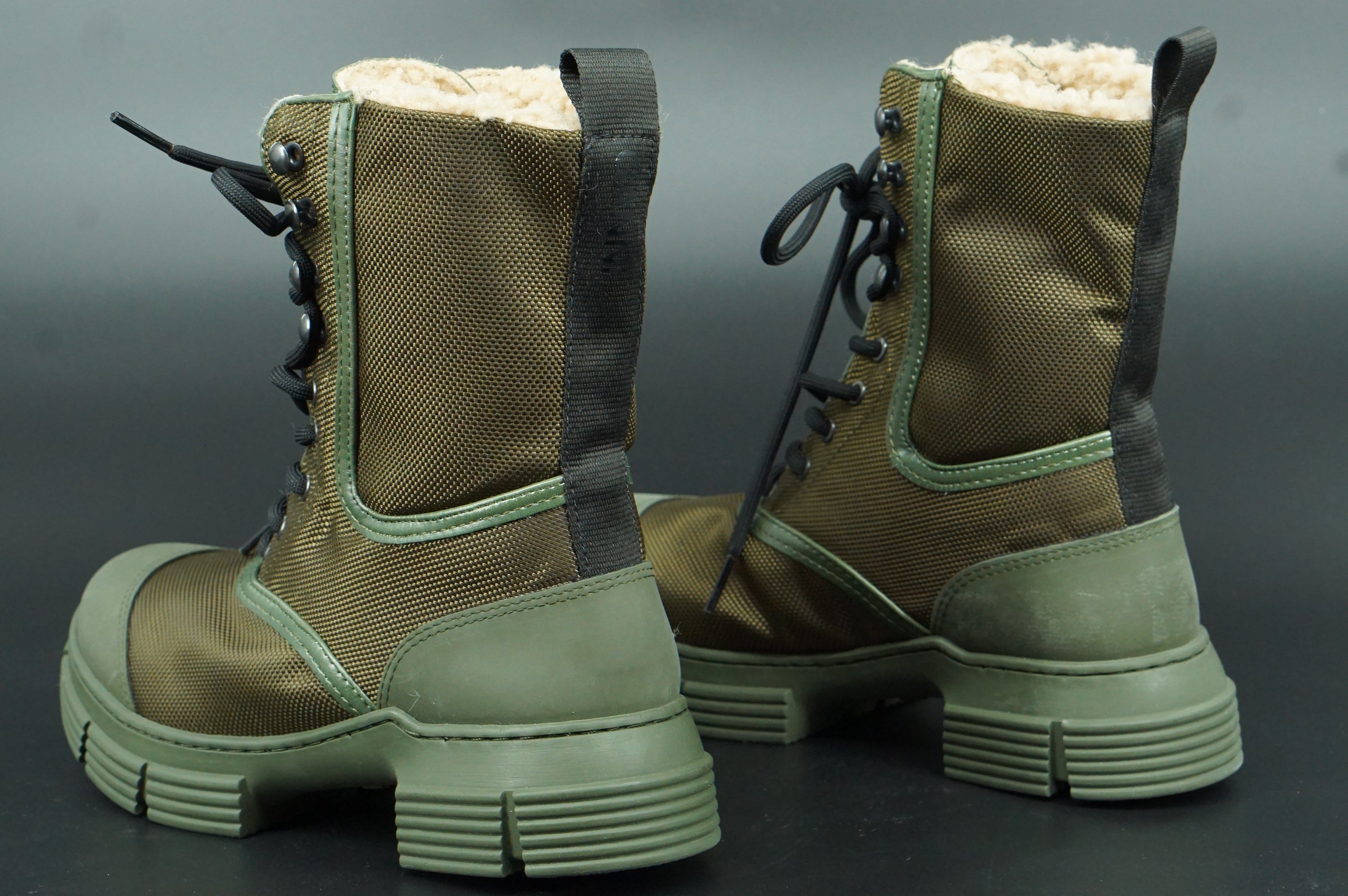 GANNI Shearling Hiking Ankle Combat Boots Size 36 New $375 Green Tubular Rubber