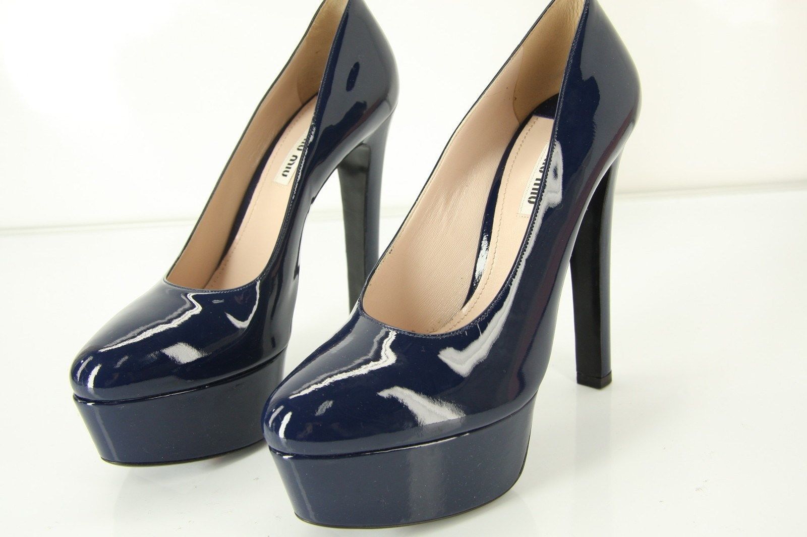 Miu Miu Blue Patent Platform Almond Toe High Heels Pumps Size 39.5 $685 New