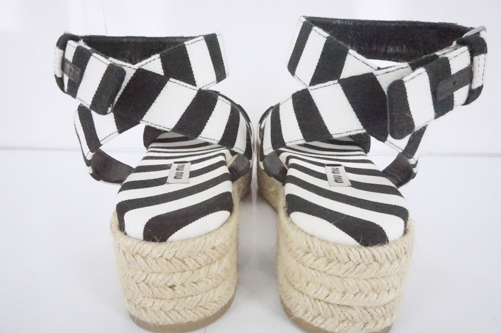 Miu Miu Black White Striped Canvas Platform Espadrille Sandals SZ 41 11 NIB $650