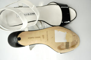 Manolo Blahnik Black White Patent Llonicabi Ankle Strap Sandals SZ 36.5 NIB $865