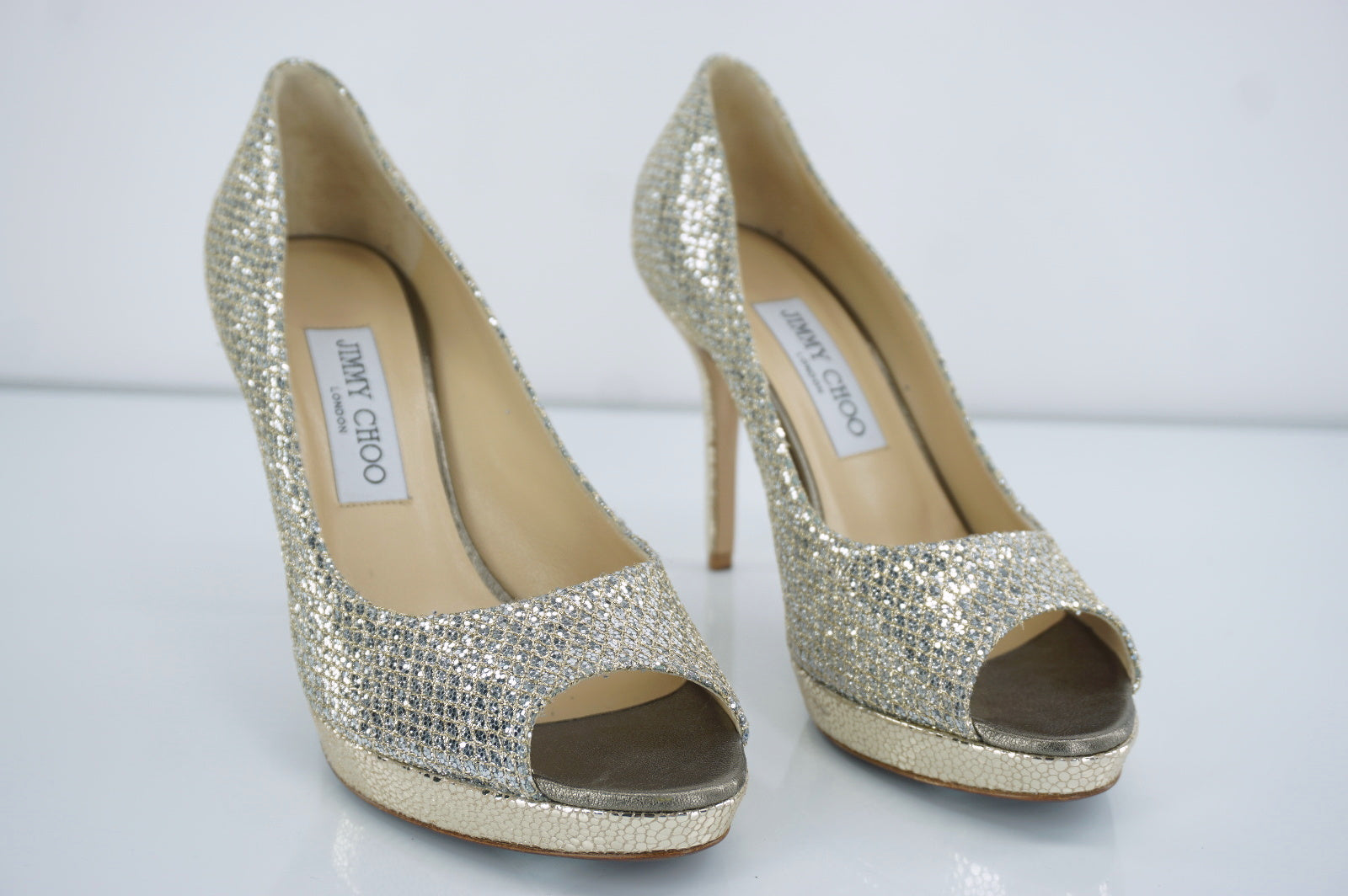 Jimmy Choo Luna Glitter Peep Toe Pumps SZ 37.5 High Heels platform $675