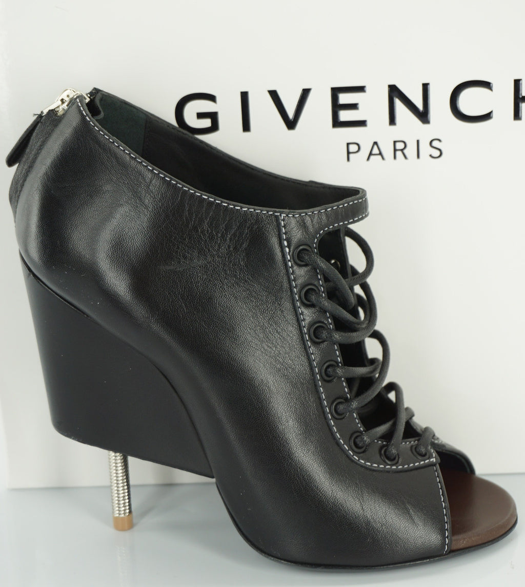 Givenchy Black Leather Nissa Peep Toe Ankle Booties Size 38 Wedge NIB $1625 SZ