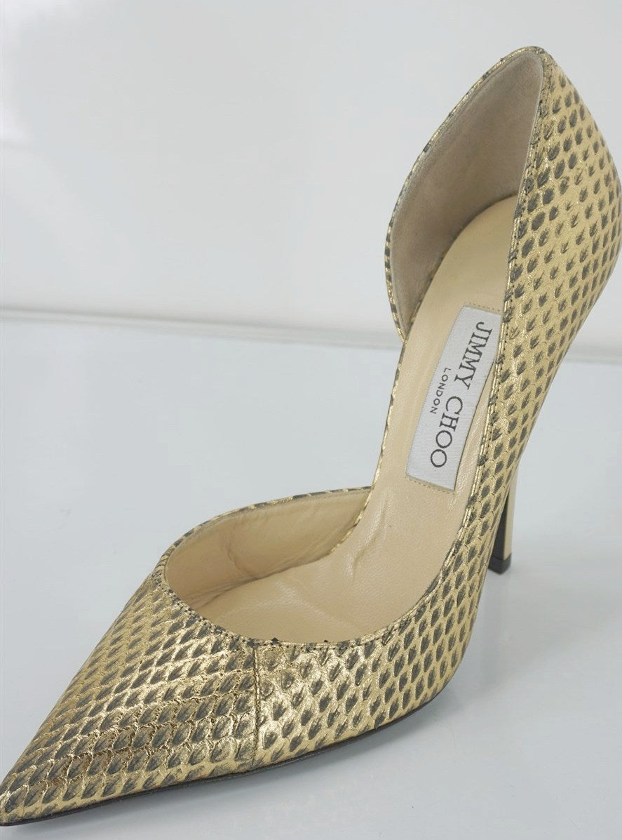 Jimmy Choo WIllis Gold Snake Half d'Orsay Pointy Pumps Size 38.5 High Heels $975