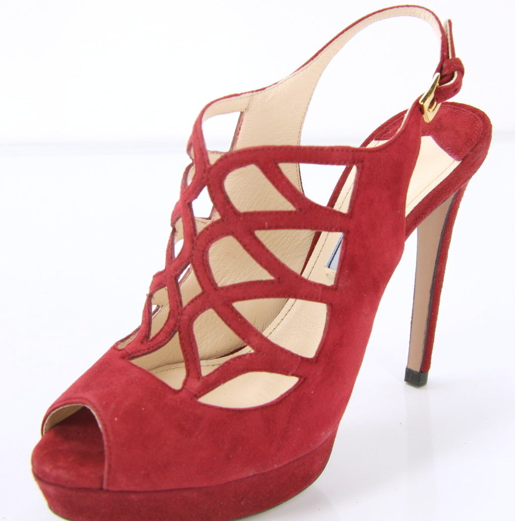 Prada Caged Red Suede Strappy Platform High Heel Sandals Size 36.5 New $850