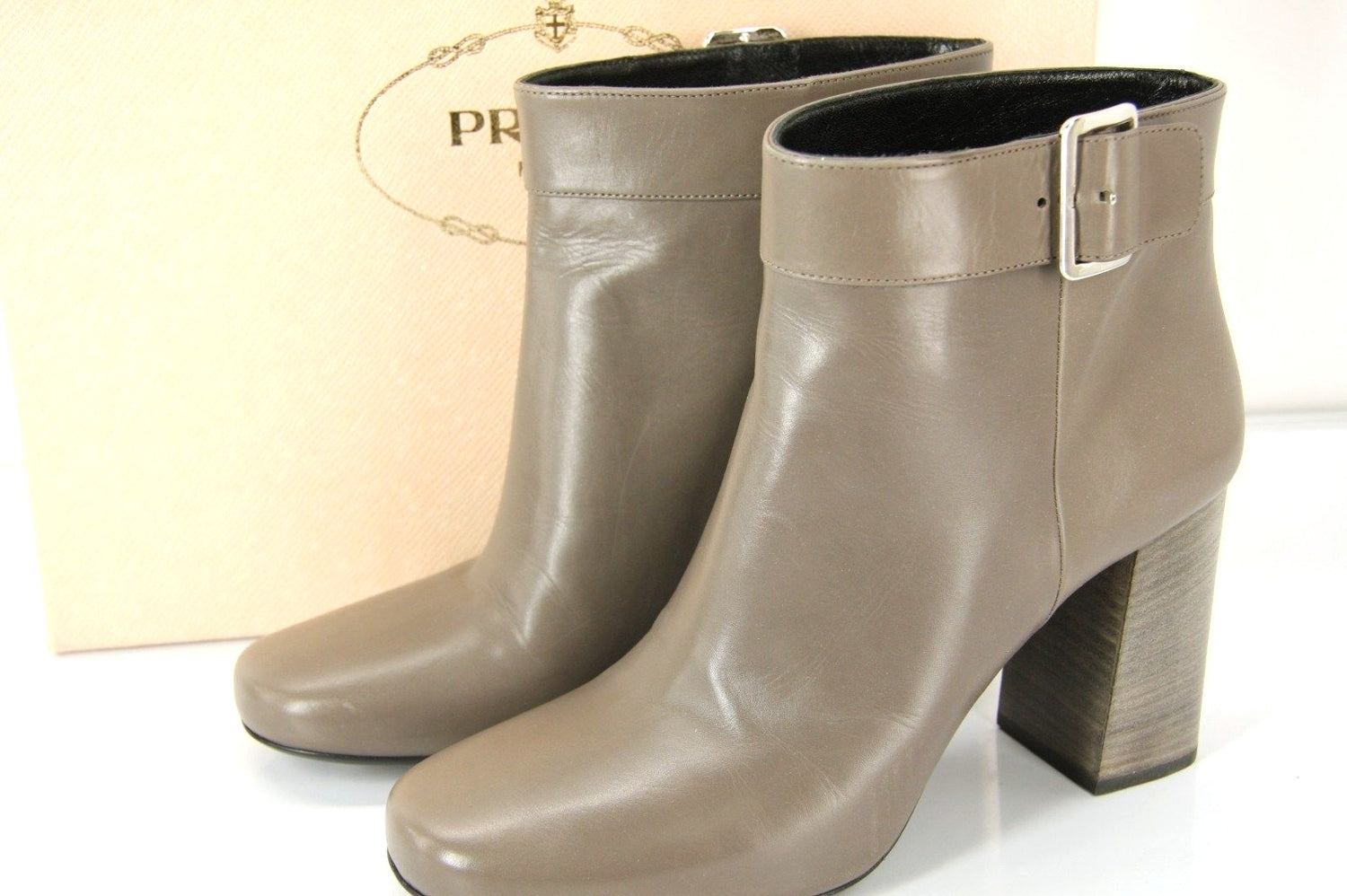 Prada Grey Block Heel Ankle Short Booties Size 39 Buckle Top High NIB $950