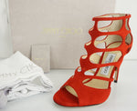 Jimmy Choo Red Suede Ren Caged Strappy Cutout Sandal Size 37 High Heels NIB $750