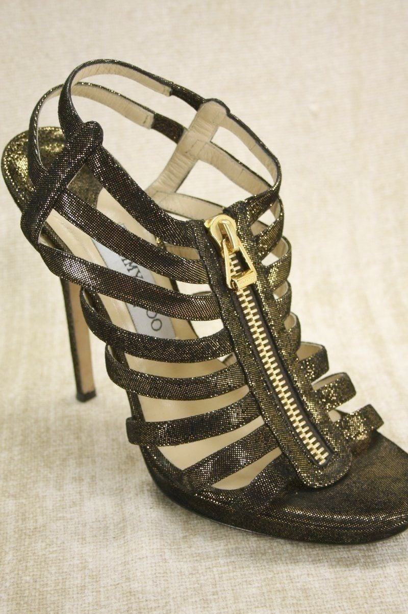 Jimmy Choo Glenys Bronze Metallic Suede Strappy Sandals Size 39 Zip $1050 heels