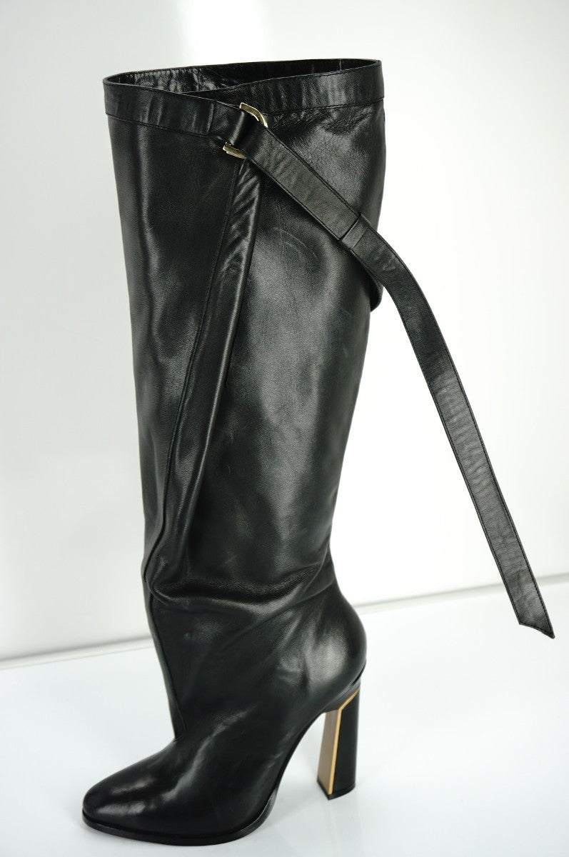 Derek Lam Black Leather 'Tonya' Wrap Around Strap Tall Boot SZ 37.5 New $1325