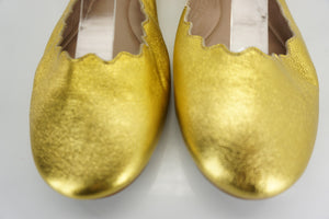 New Chloé Lauren Gold Scalloped Ballet Flat SZ 36.5 metallic Leather $475