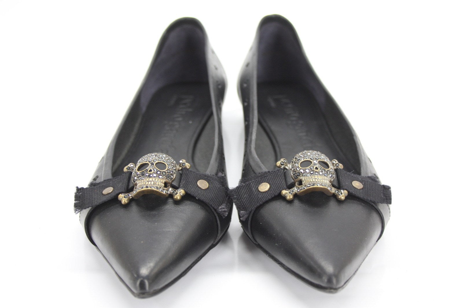 Pedro Garcia Black Leather 'Alexandra' Skull Pointy Toe Ballet Flats SZ 38 New