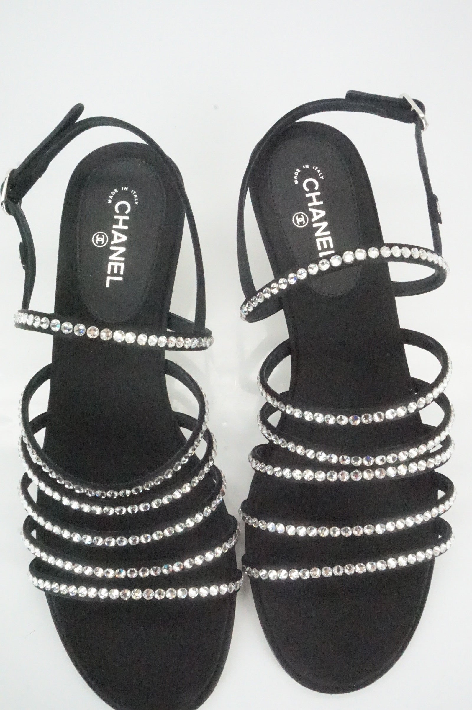 Chanel Crystal Caged Strap Kitten Heel Sandals Size 38 Logo New CC $1075