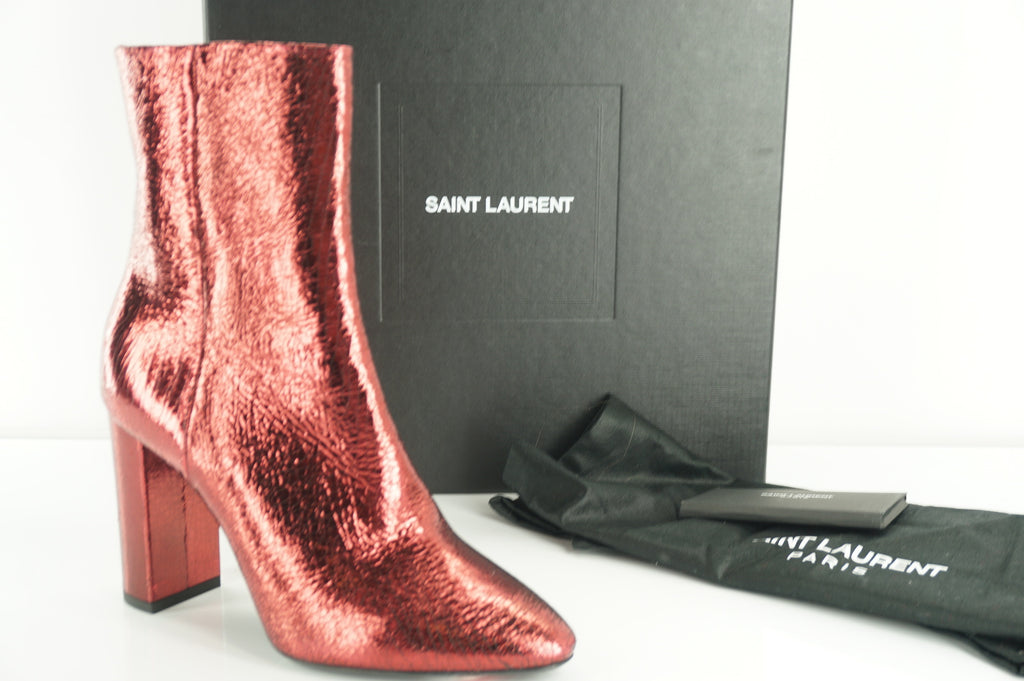 SAINT LAURENT Babies Red Metallic Ankle Boots Size 36.5 NIB YSL $1095 90MM