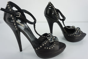 Miu Miu Black Leather Studdt T strap Platform Heels Sandals Size 37.5 $985 Prada