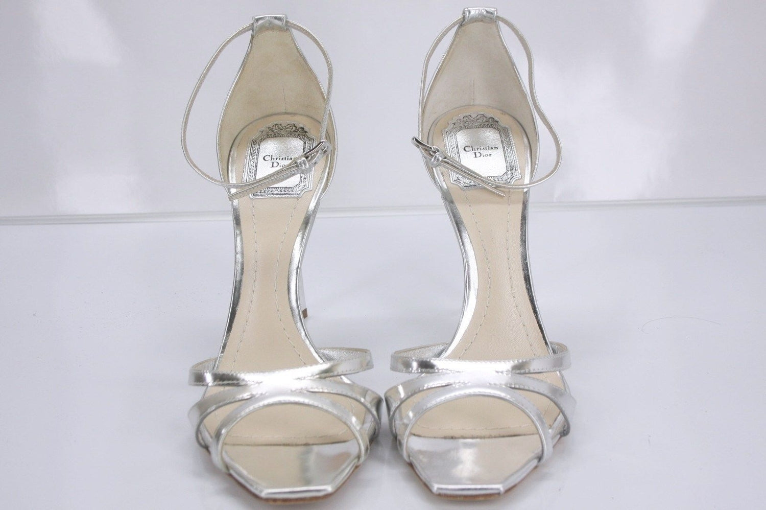 Christian Dior Silver Metallic Leather Ankle Strap Criss Sandals Size 39.5 $810