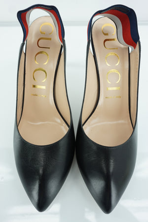 Gucci Sylvie Black Leather Web Strap Pointed Toe Slingback Pumps Size 40 10 $695