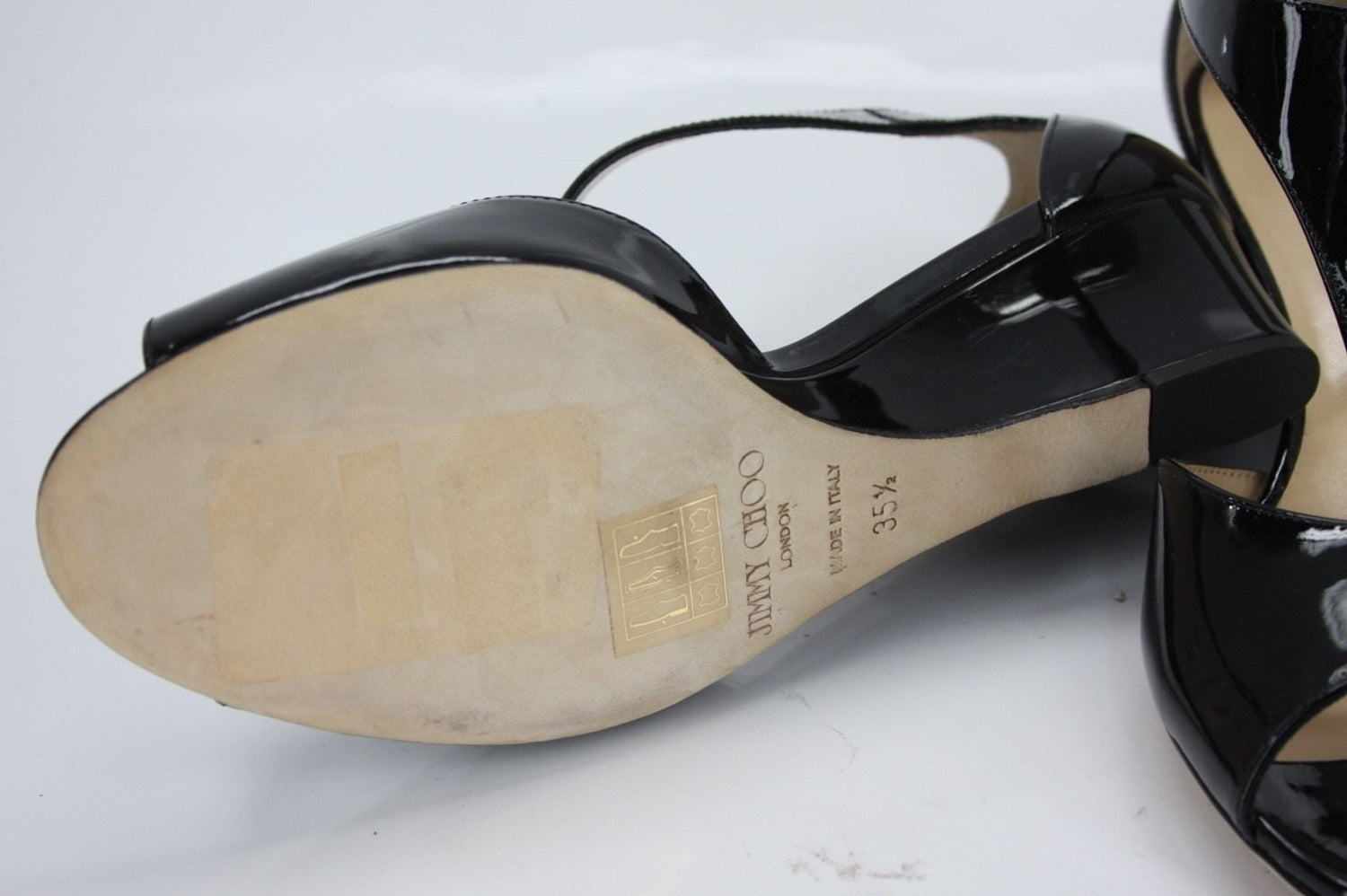 Jimmy Choo Black Patent Leather Treat T Strap Demi Wedge Sandal SZ 35.5 New $675