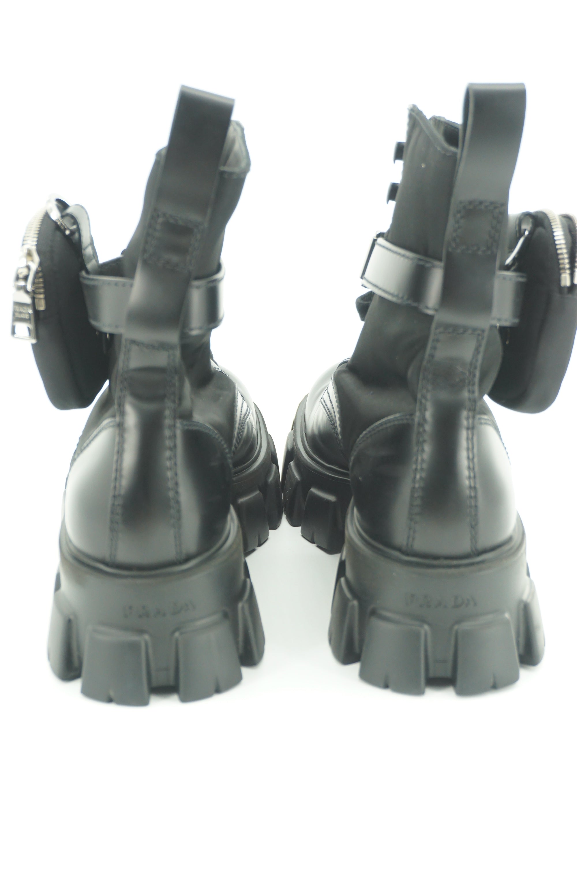Prada Monolith Mini Bag Lug Sole Combat Boot SZ 9 US Mens Logo Pouch Ankle Black