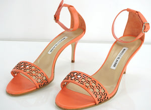 Manolo Blahnik Coral Leather Maurila Ankle Chaos Cuff Sandals size 36.5 NIB $815