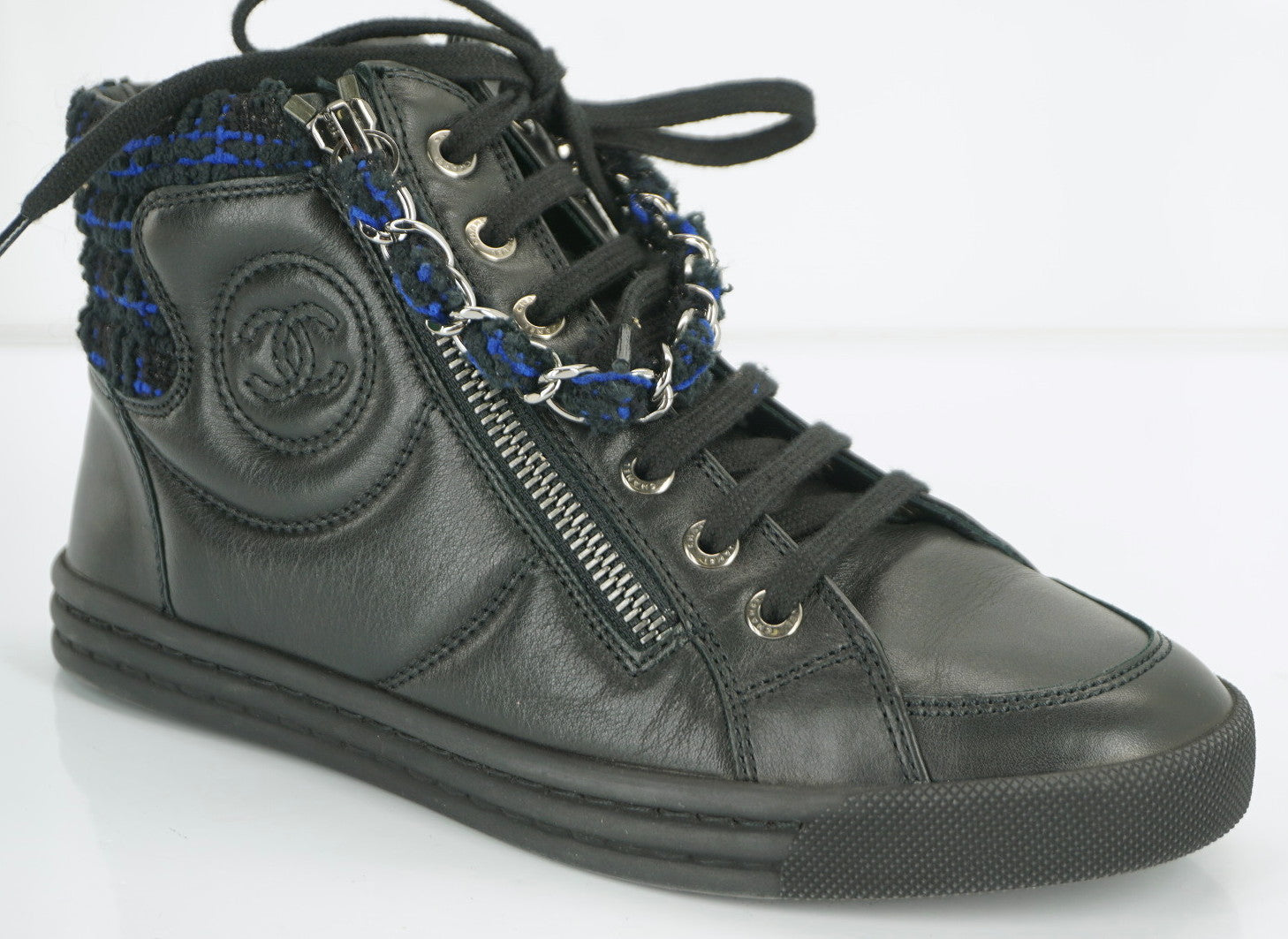 Chanel Logo High Top Sneaker Black Leather Size 5 Womens Lace Up CC